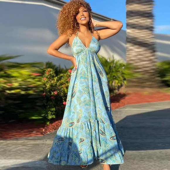🌸 PAISLEY HALTER DRESS MAXI LONG BOHO CHIC BOHEMIAN SUMMER BLUE FLARE RUFFLE - Picture 6 of 6